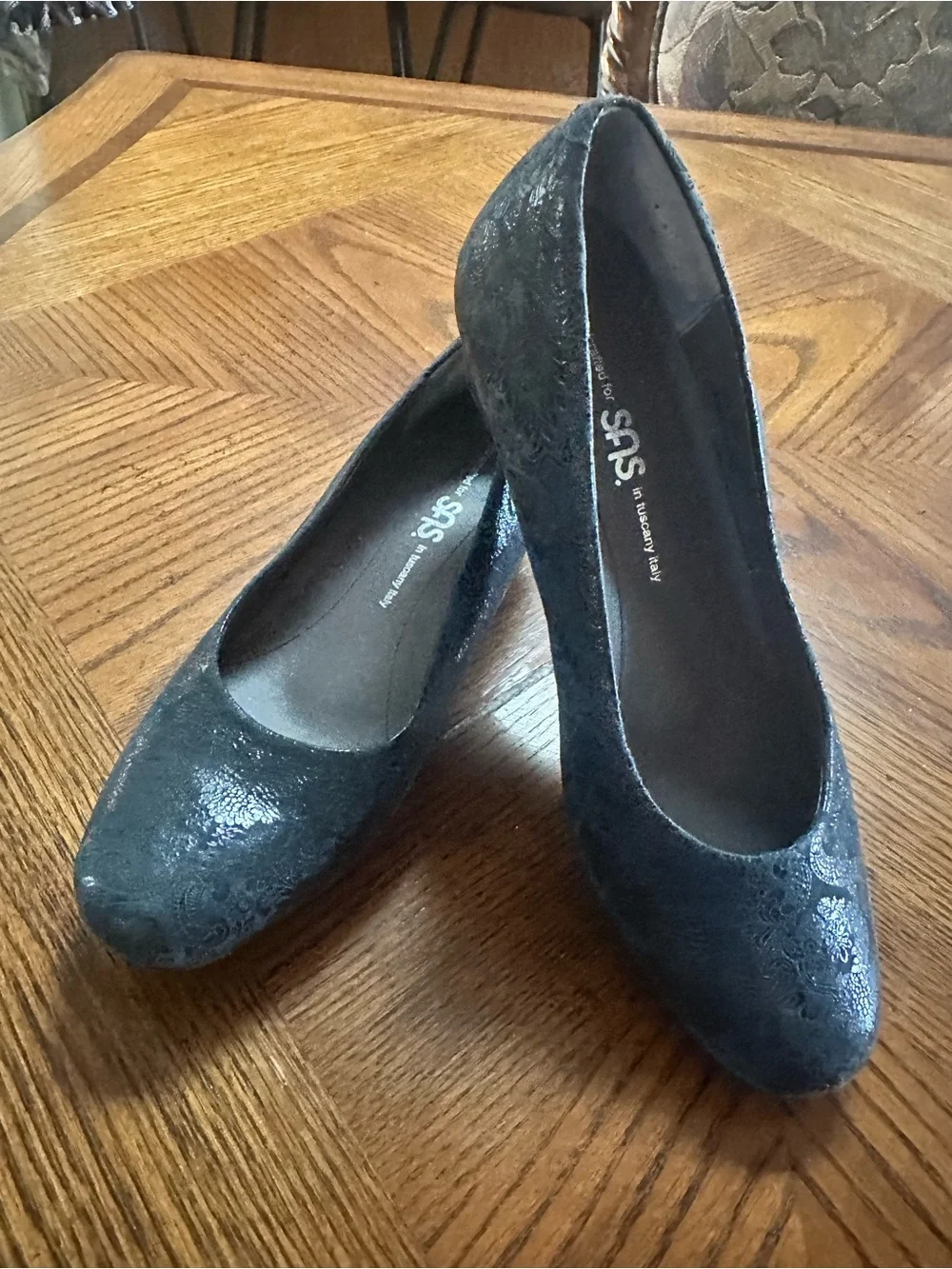 SAS Women’s Navy Embossed Leather Wedge Slip Ons